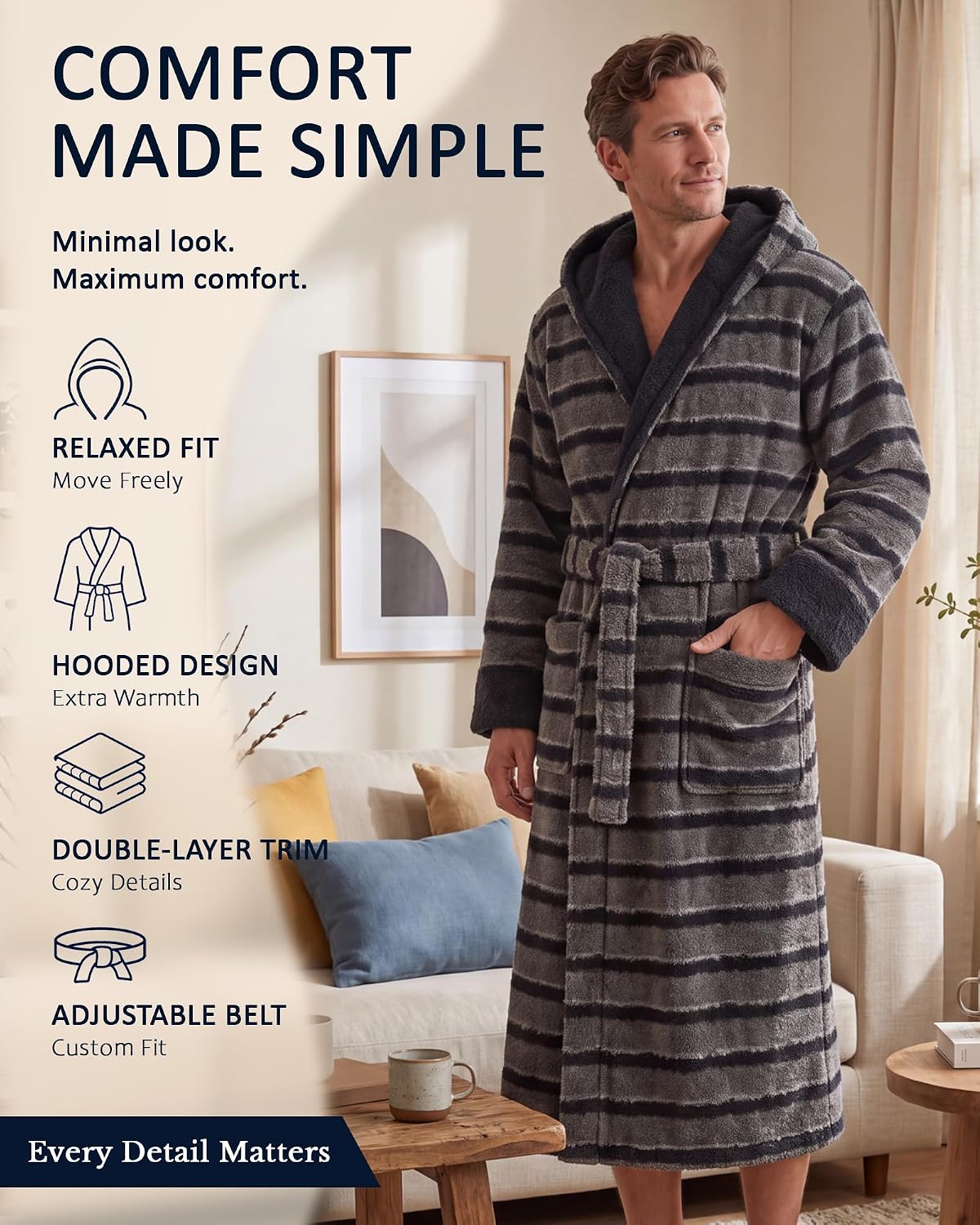 Vulcanodon Men Robe Hooded Striped Bathrobe Soft Plush Spa Robe Pockets