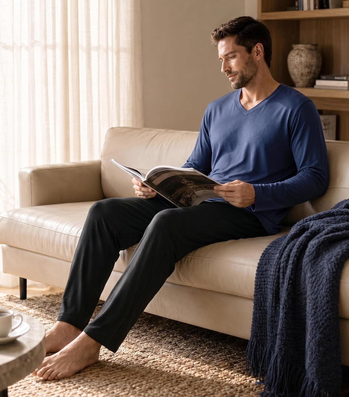 DAVID ARCHY Men's Cotton Pajama Set, Soft V-Neck Long Sleeve PJs
