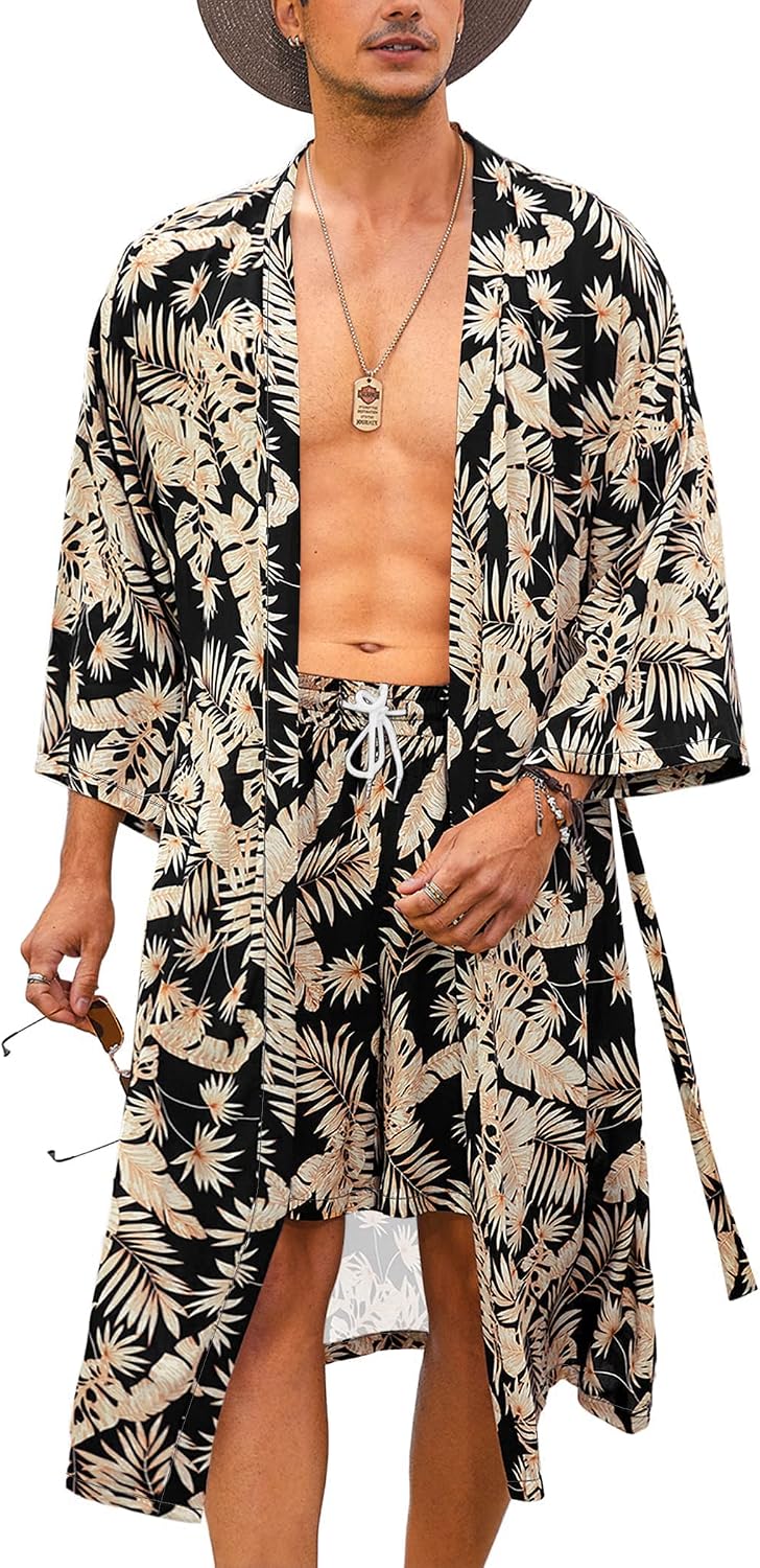 COOFANDY Men Lightweight 2 Piece Kimono Robe with Shorts Japanese Robes Casual Open Front Long Cardigan With Belt