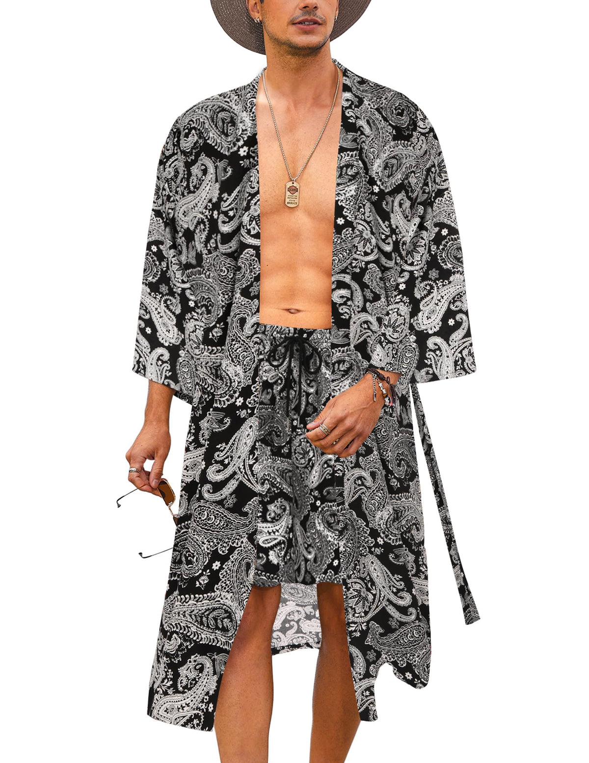 COOFANDY Men Lightweight 2 Piece Kimono Robe with Shorts Japanese Robes Casual Open Front Long Cardigan With Belt