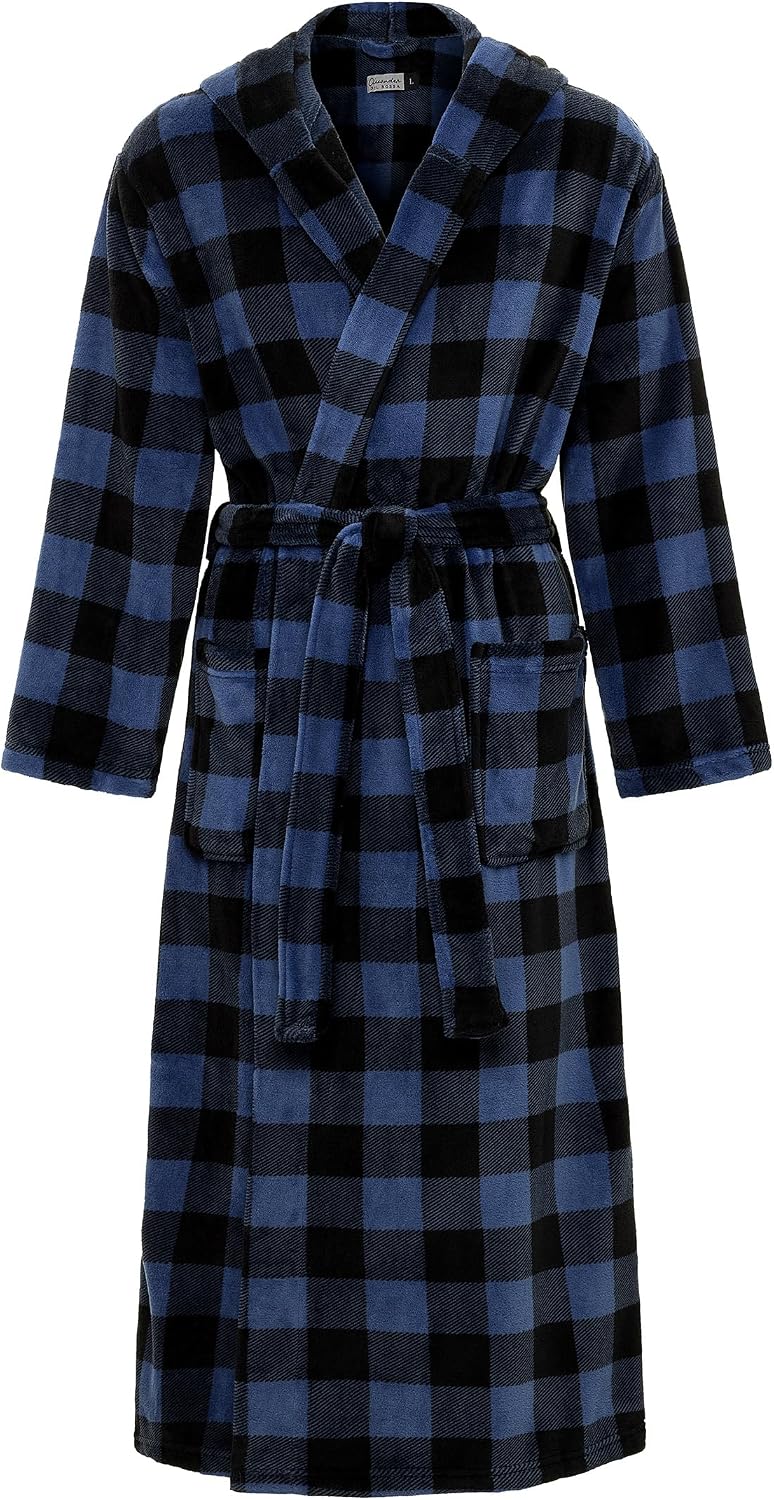 Men's Plush Fleece Hooded Robe with Pockets, Long Bathrobe
