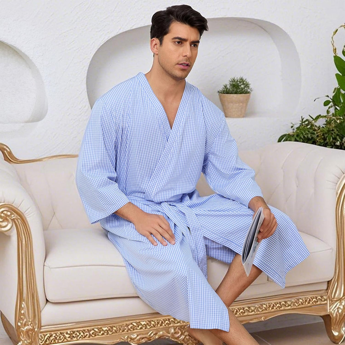 Mens Lightweight Cotton Bath Robe, Summer Bathrobe with Pockets