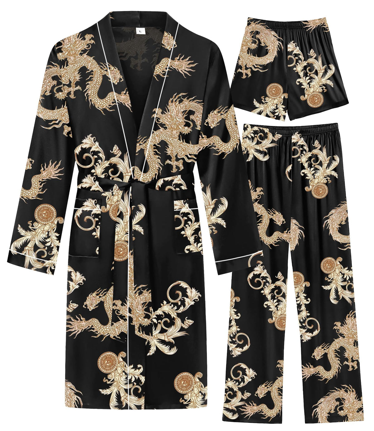 SWOMOG Mens 3 PCS Satin Robe with Pants & Shorts Set Kimono Bathrobe Long Sleeve Sleepwear Pjs Sets with Pockets