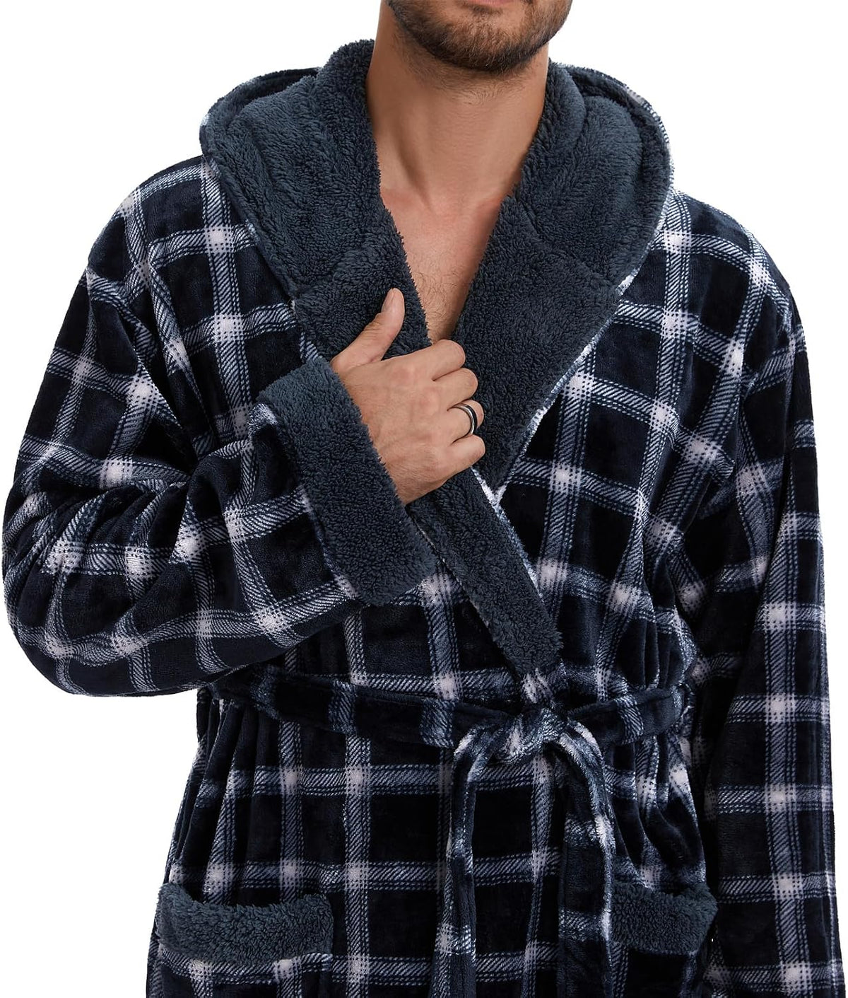 iniber Mens Hooded Robe, Soft Lightweight Plush Robes for Men, Warm Long Fleece Men's Bathrobe with Pockets