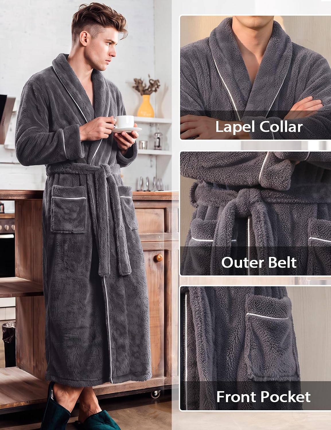 Gihuo Mens Fluffy Robe Soft Plush Long Robe Fleece Bathrobe with Belt