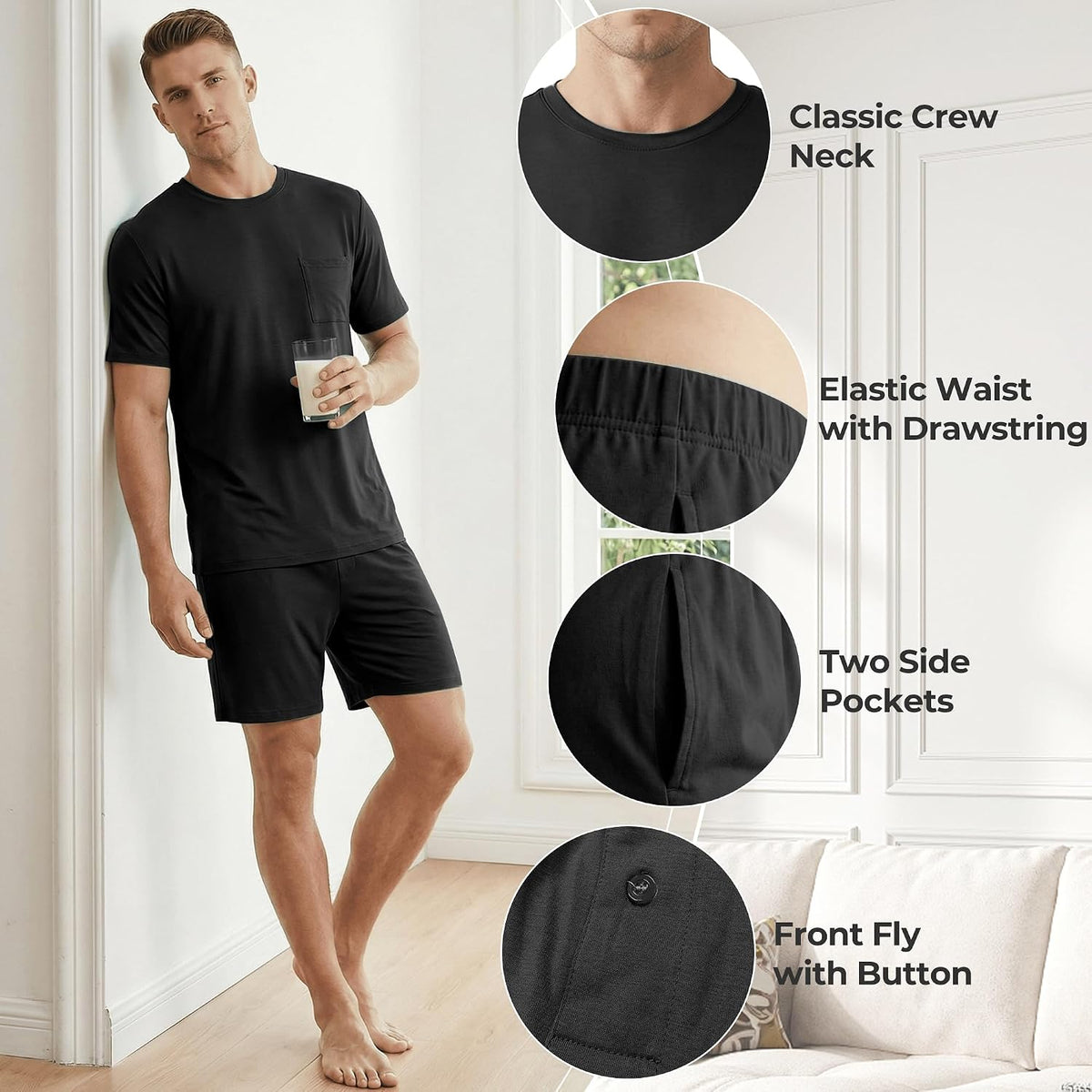 Mens Pajamas Set Cooling Viscose Made from Bamboo: Short Sleeve Shirt and Shorts, Soft Sleepwear Loungewear Summer