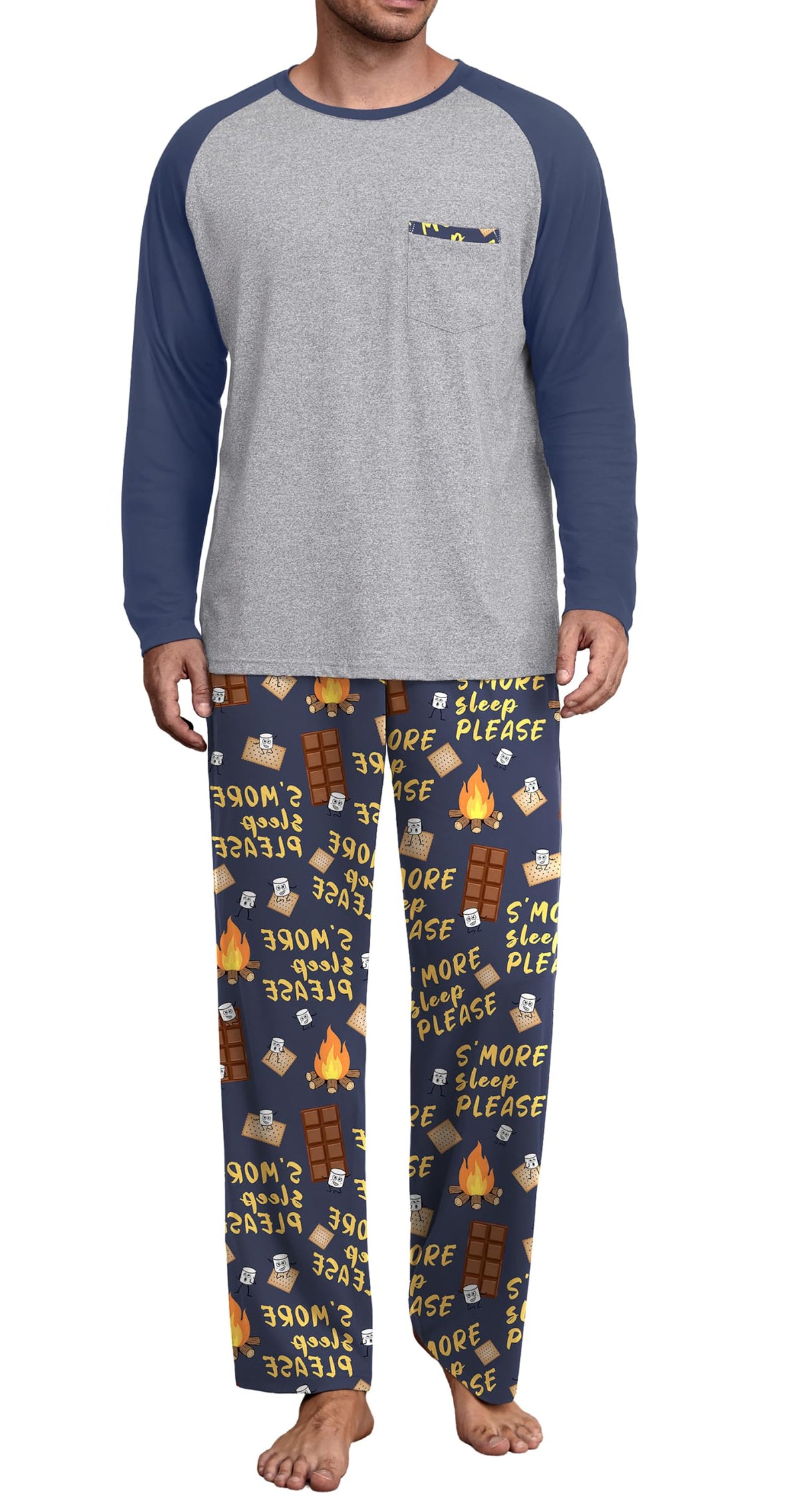 Mens Pajamas Set,Long Sleeve T Shirt Pjs Soft 2 Piece Loungewear With Pants