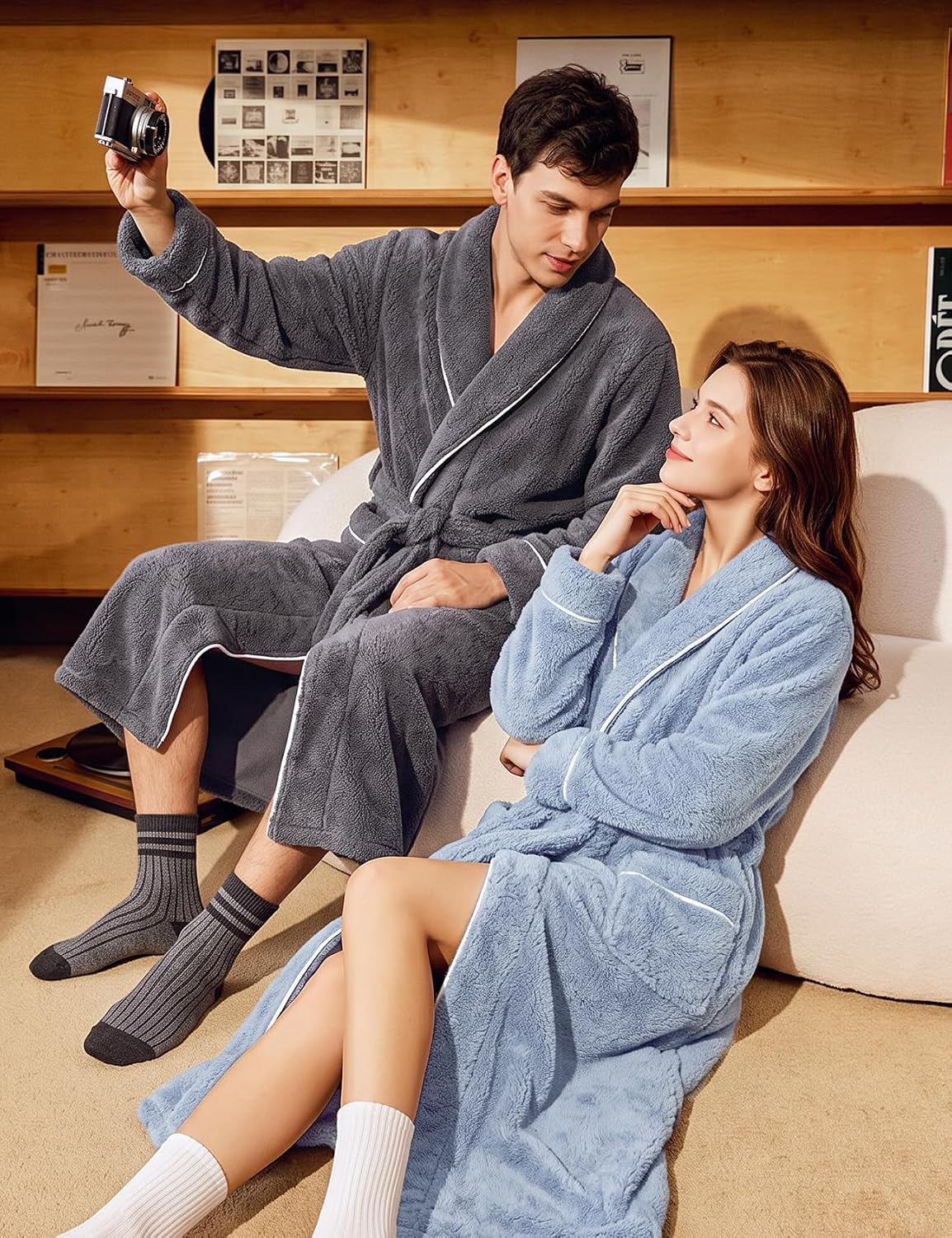 Gihuo Mens Fluffy Robe Soft Plush Long Robe Fleece Bathrobe with Belt