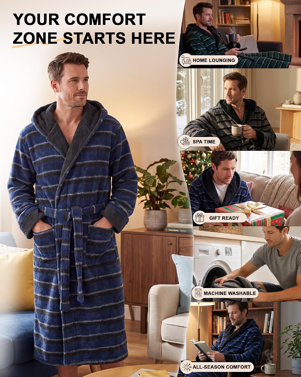 Vulcanodon Men Robe Hooded Striped Bathrobe Soft Plush Spa Robe Pockets