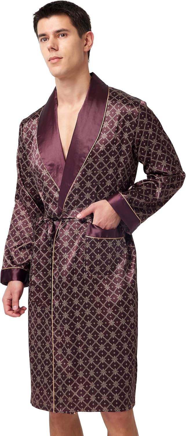 Mens Satin Robe Long Sleeve Silk Kimono Bathrobe with Shorts Set Sleepwear