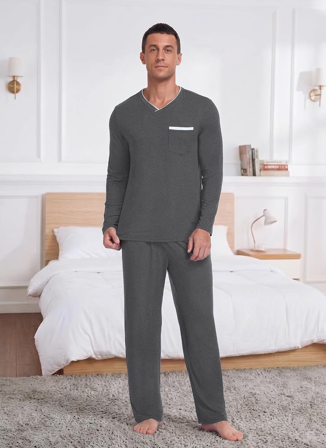 RQP Men's Long Sleeve Pajama Set Soft Stretch Sleepwear with Pockets