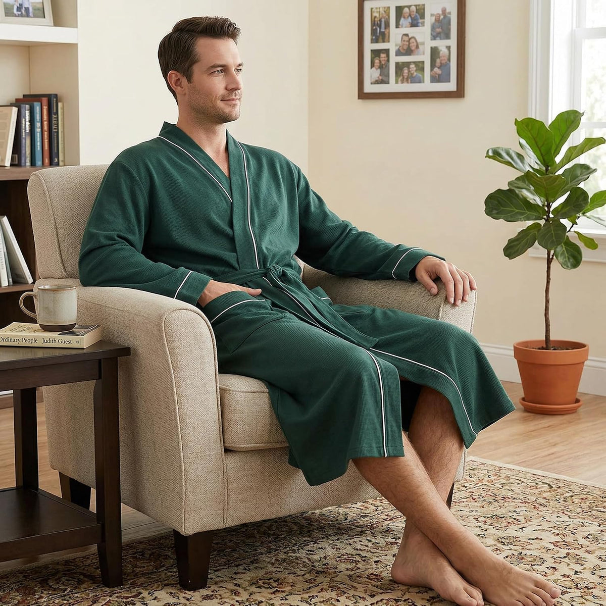 Vulcanodon Mens Organic Cotton Robe, Soft Kimono Bathrobe with Pockets
