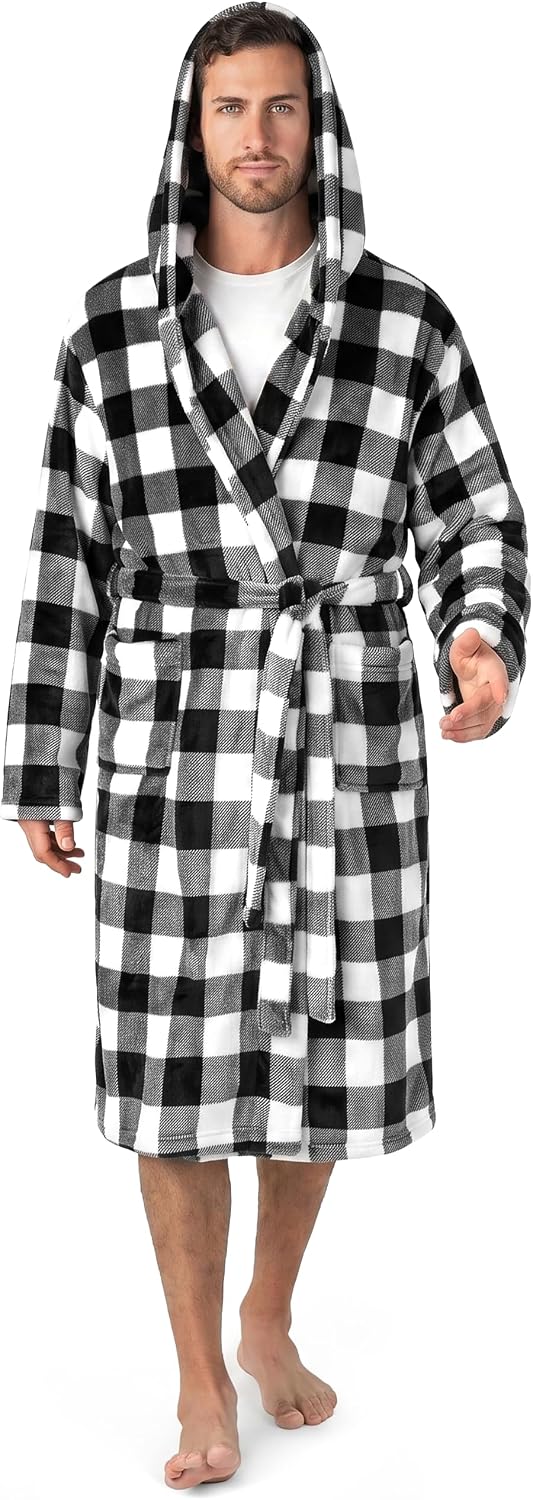 PAVILIA Mens Fleece Robe, Hooded Bathrobe with Shawl Collar, Pockets & Belt