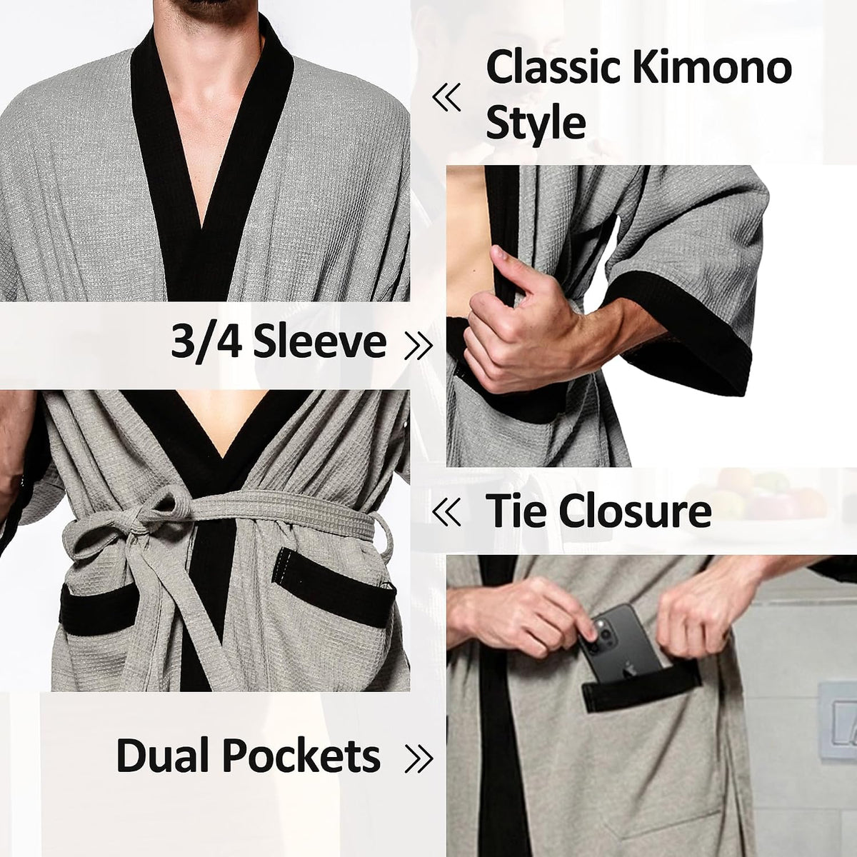 Haseil Men's Turkish Cotton Bathrobe Waffle Kimono Terry Cloth Hotel Spa Robes