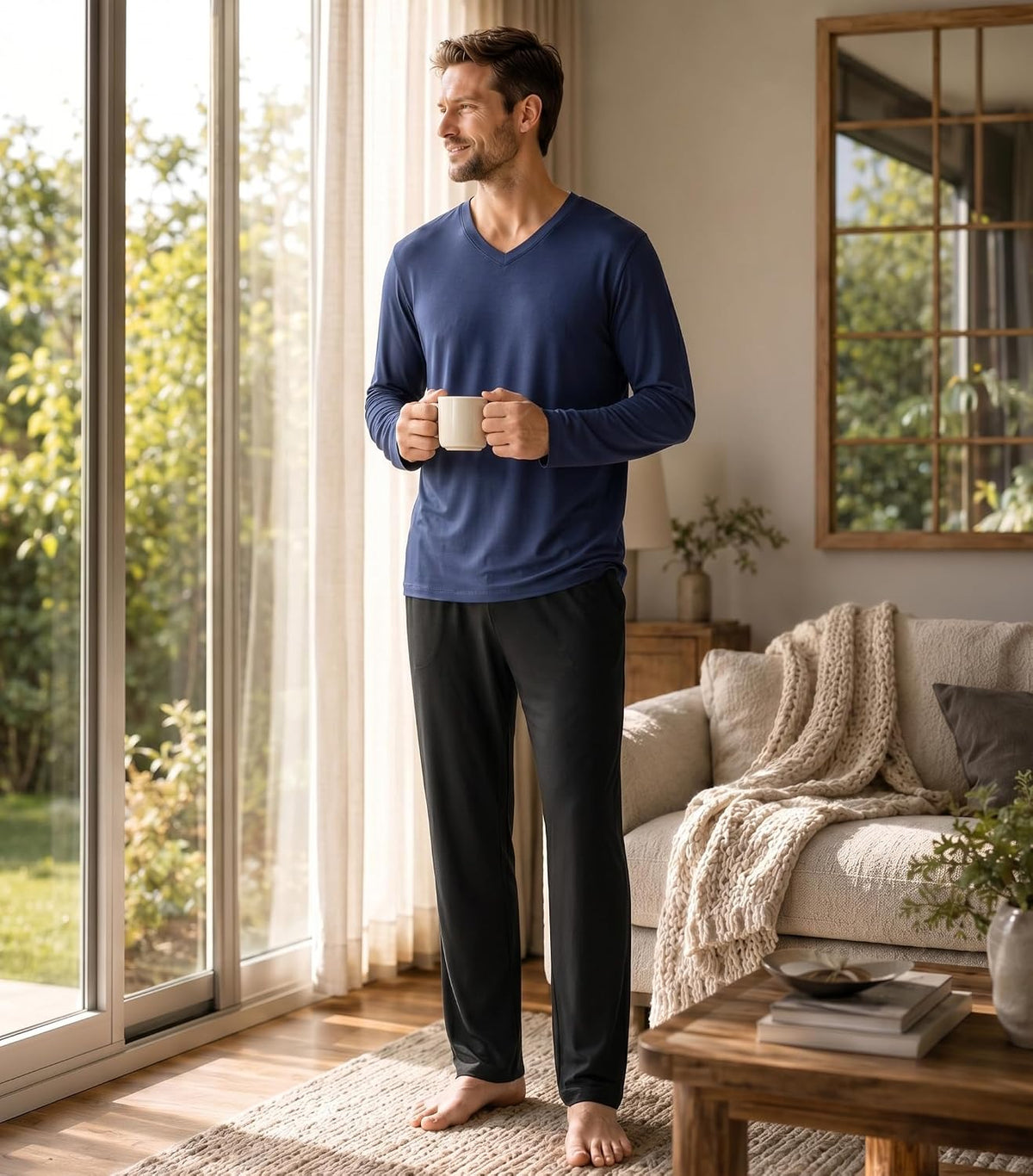 DAVID ARCHY Men's Cotton Pajama Set, Soft V-Neck Long Sleeve PJs