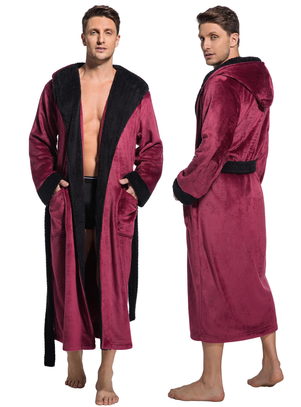 ToastyLife Mens Soft Plush Fleece Long Robe, Hooded Bathrobe with Pockets