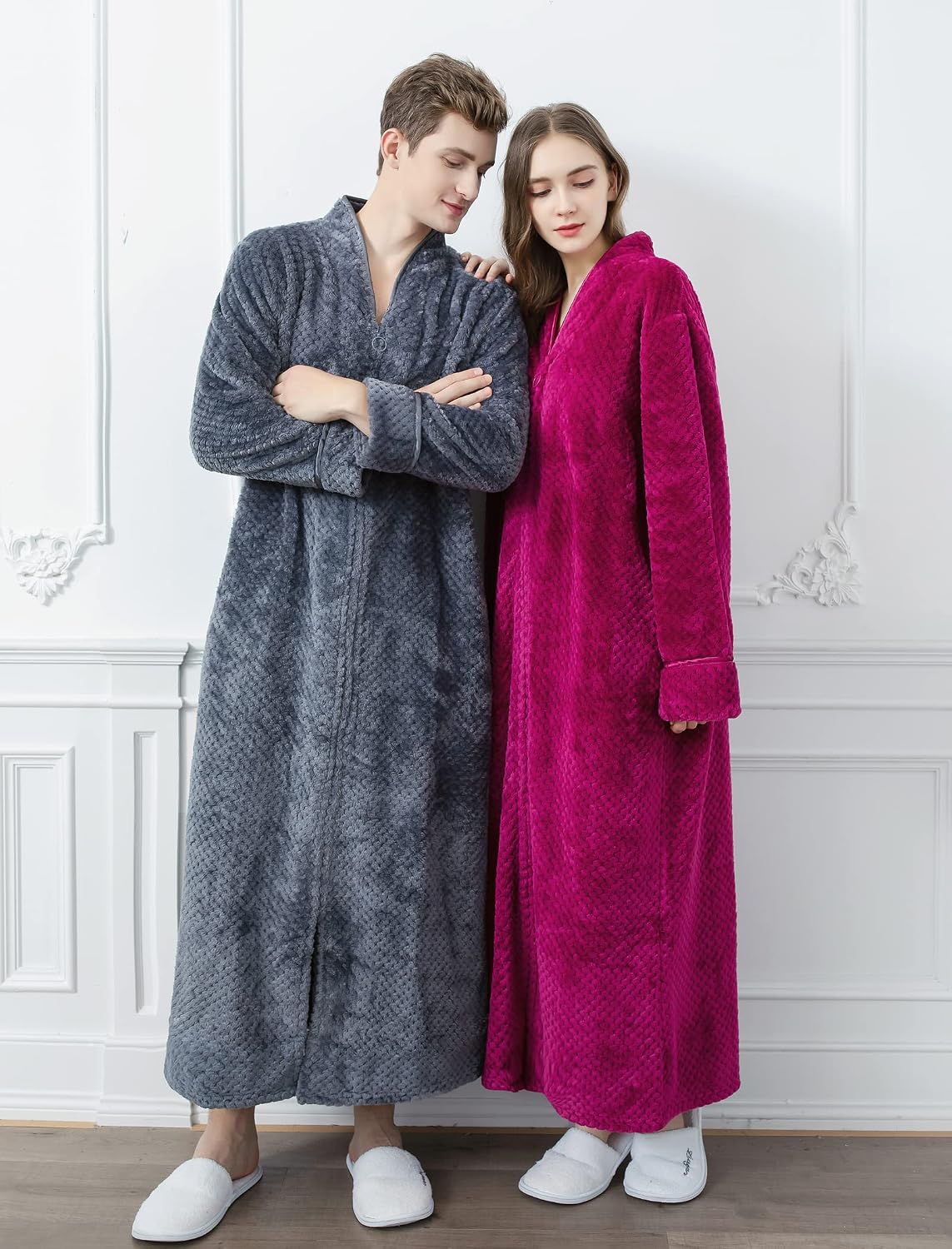 Locachy Men's Flannel Zip Bathrobes Soft Warm Long Fleece Plush Robe Housecoats Nightgown Sleepwear