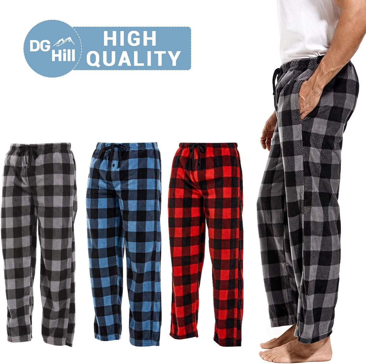 DG Hill 1Pack or 3Pack Mens PJ Pajama Pants Bottoms Fleece Lounge Pants Sleepwear Plaid PJs with Pockets Microfleece