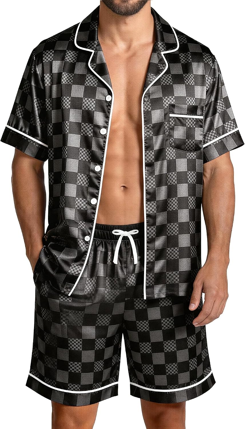 Mens Satin Silky Pajamas Set Short Sleeve Button Down Sleepwear Pjs Summer 2 PCS Loungewear with Pockets M-2XL