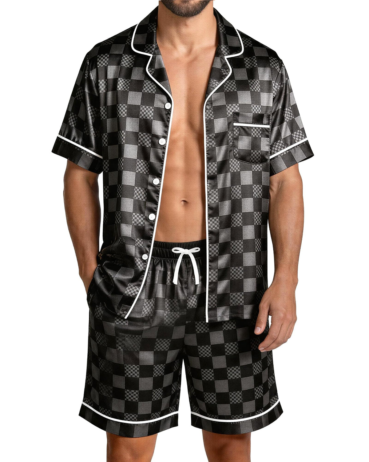 Mens Satin Silky Pajamas Set Short Sleeve Button Down Sleepwear Pjs Summer 2 PCS Loungewear with Pockets M-2XL