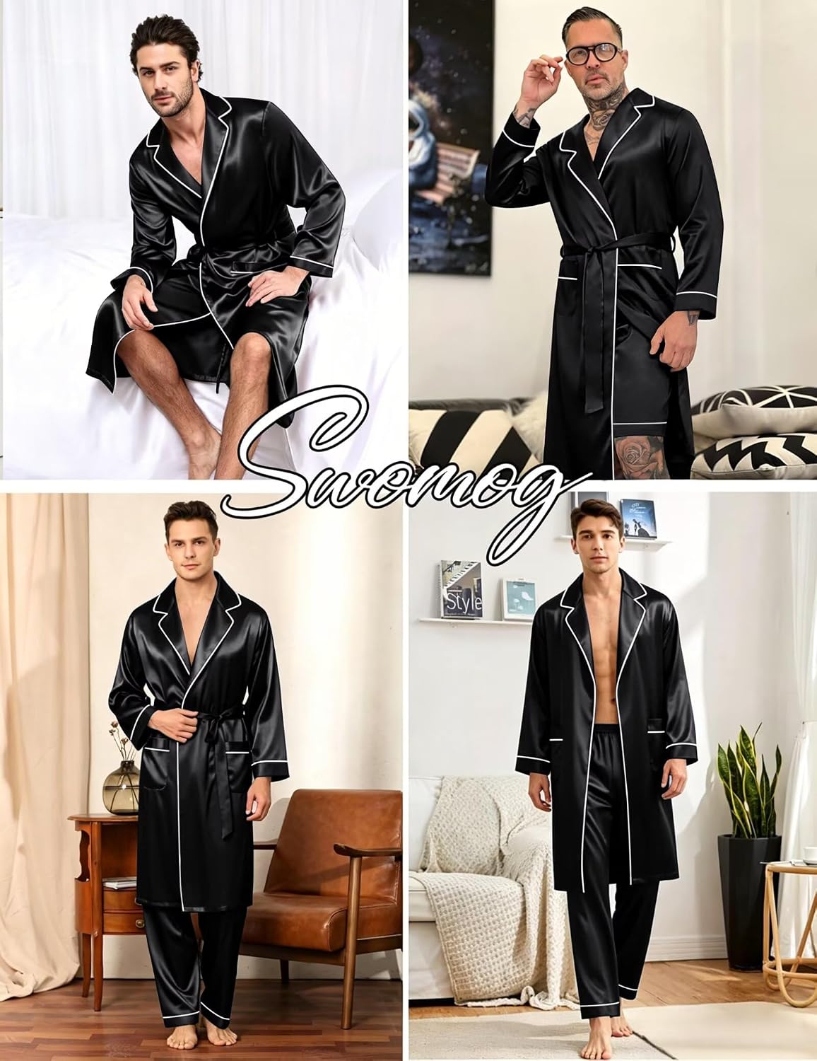 SWOMOG Men's 3 Pcs Robe Silk Satin Bathrobe with Shorts&Pants Set Soft Sleepwear Lightweight Loungewear
