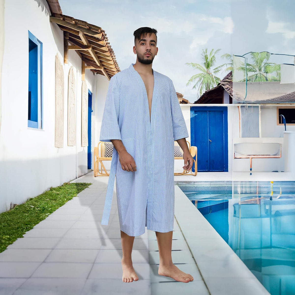 Mens Bathrobe, Lightweight Cotton Short Sleeve Silky Bath Robe for Men