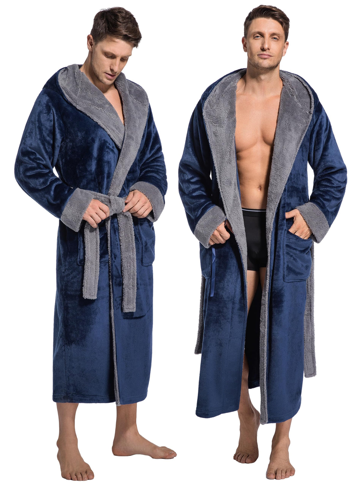 ToastyLife Mens Soft Plush Fleece Long Robe, Hooded Bathrobe with Pockets