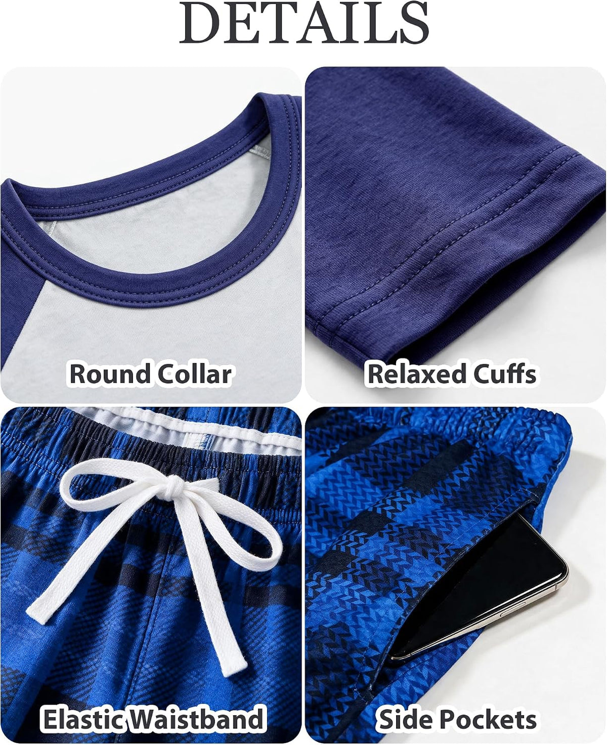 Mens Pajamas Set Soft Pjs Short Top Plaid Pants Sleepwear Loungewear Sets
