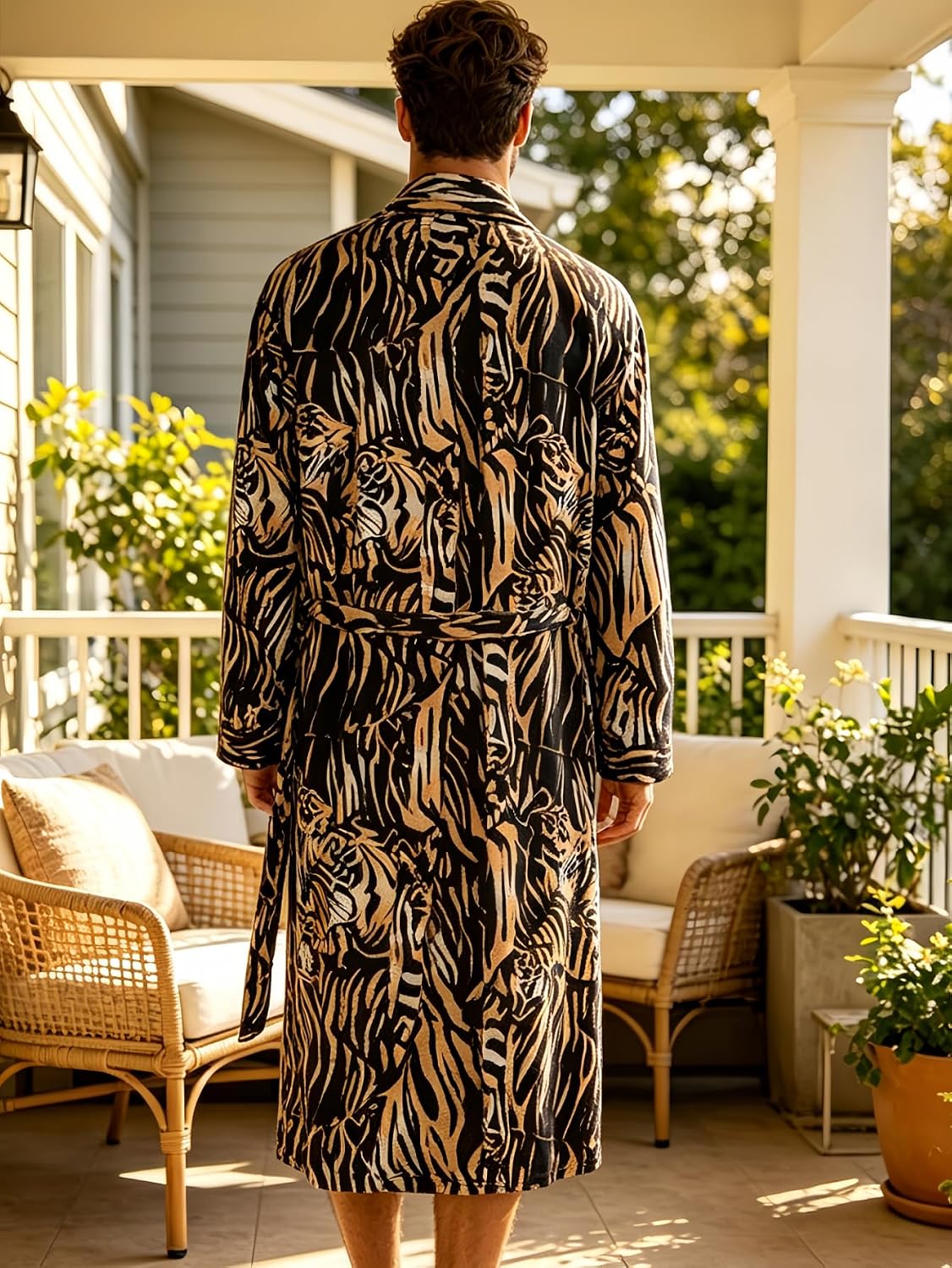 Men's Luxury Satin Robe with Tiger Print Pattern, Long Sleeve Kimono Style Bathrobe, 2 Pack