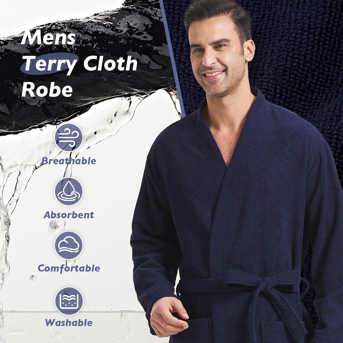 FashGudim Terry Cloth Robes for Men Big and Tall Short Mens Kimono Robe Super Absorbent Spa Bathrobe Calf Length With Pockets