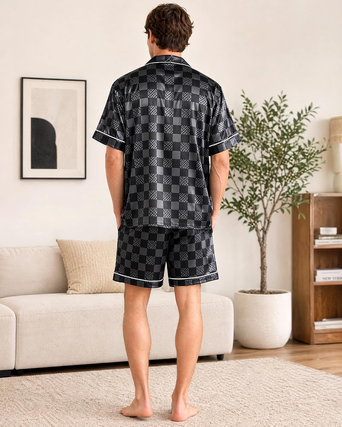 Mens Satin Silky Pajamas Set Short Sleeve Button Down Sleepwear Pjs Summer 2 PCS Loungewear with Pockets M-2XL