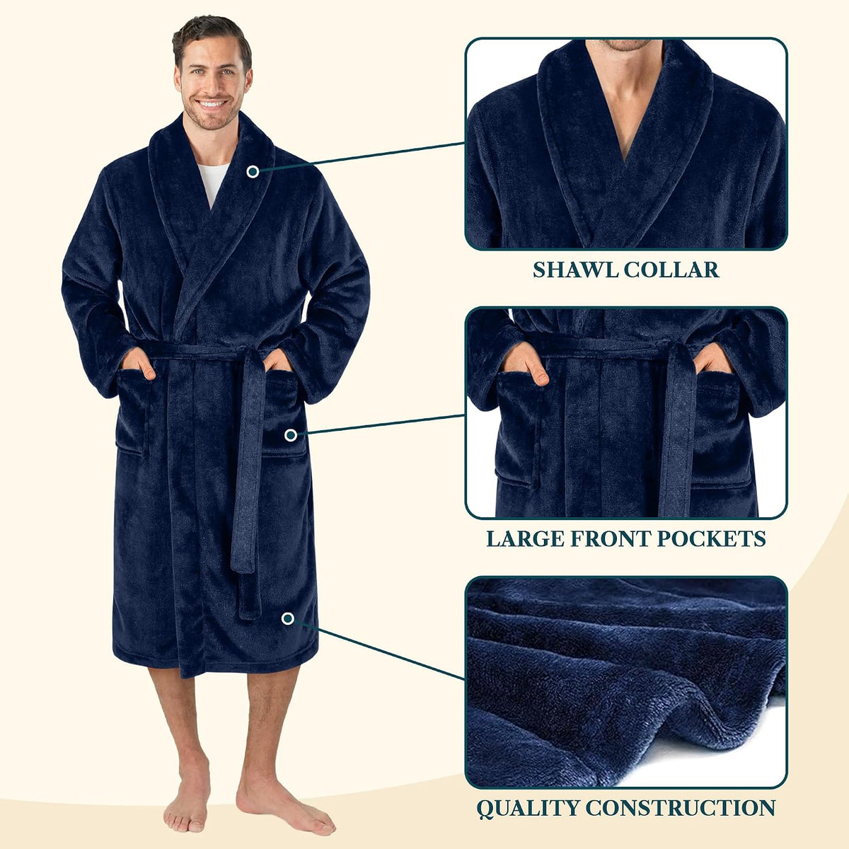 PAVILIA Mens Soft Fleece Bathrobe Lightweight Long Robe for Men Shower Bath