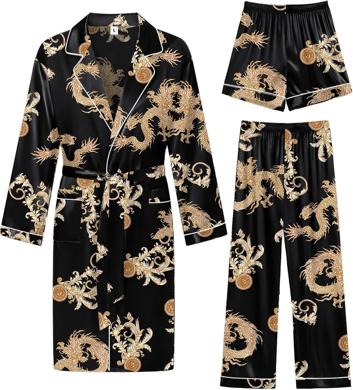 SWOMOG Men's 3 Pcs Robe Silk Satin Bathrobe with Shorts&Pants Set Soft Sleepwear Lightweight Loungewear