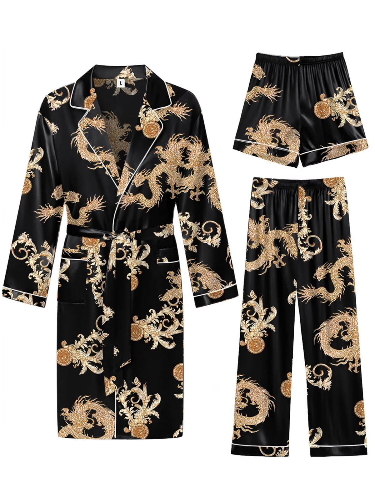 SWOMOG Men's 3 Pcs Robe Silk Satin Bathrobe with Shorts&Pants Set Soft Sleepwear Lightweight Loungewear
