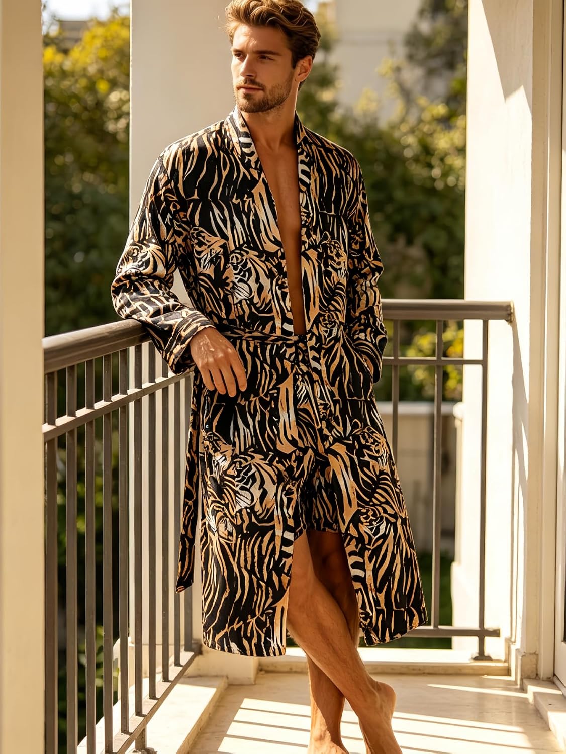 Men's Luxury Satin Robe with Tiger Print Pattern, Long Sleeve Kimono Style Bathrobe, 2 Pack