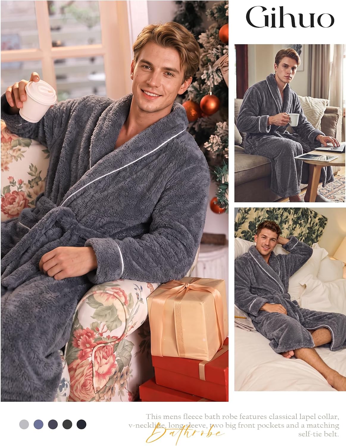 Gihuo Mens Fluffy Robe Soft Plush Long Robe Fleece Bathrobe with Belt