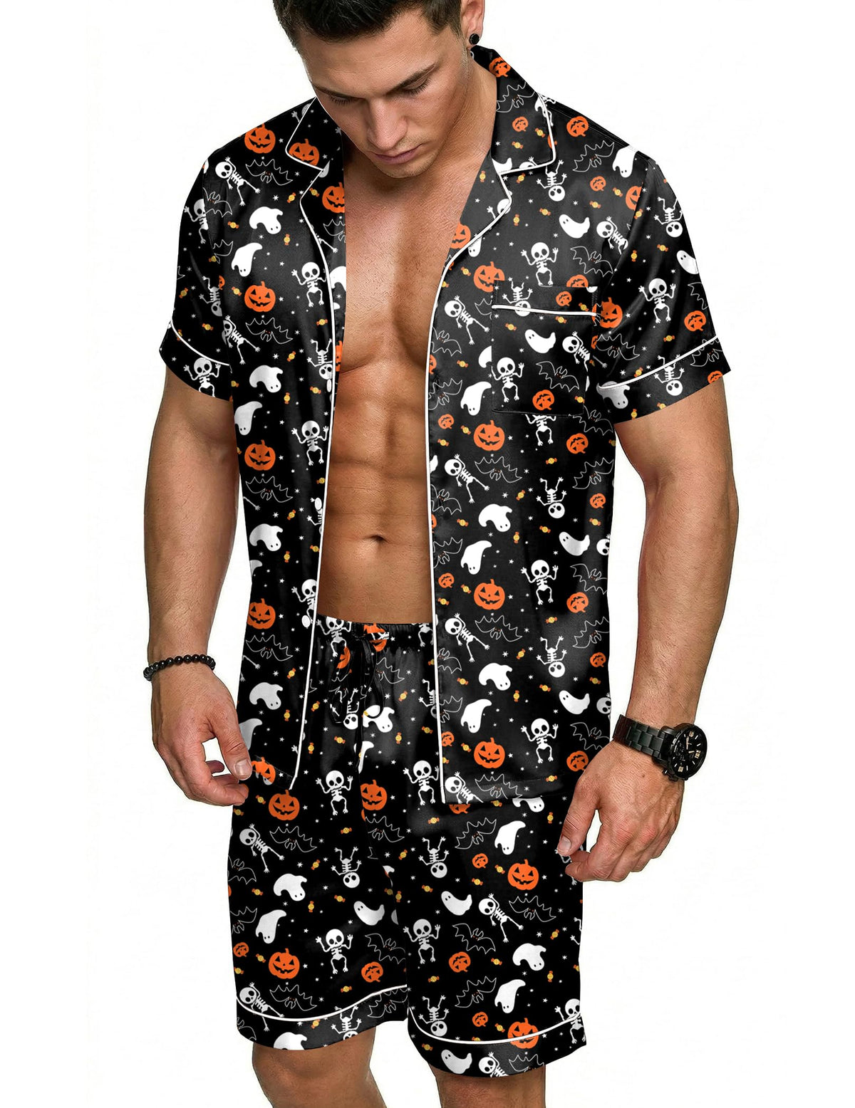 Ekouaer Mens Silk Satin Pajamas Set Short Sleeve Button Up Lounge Pjs Set