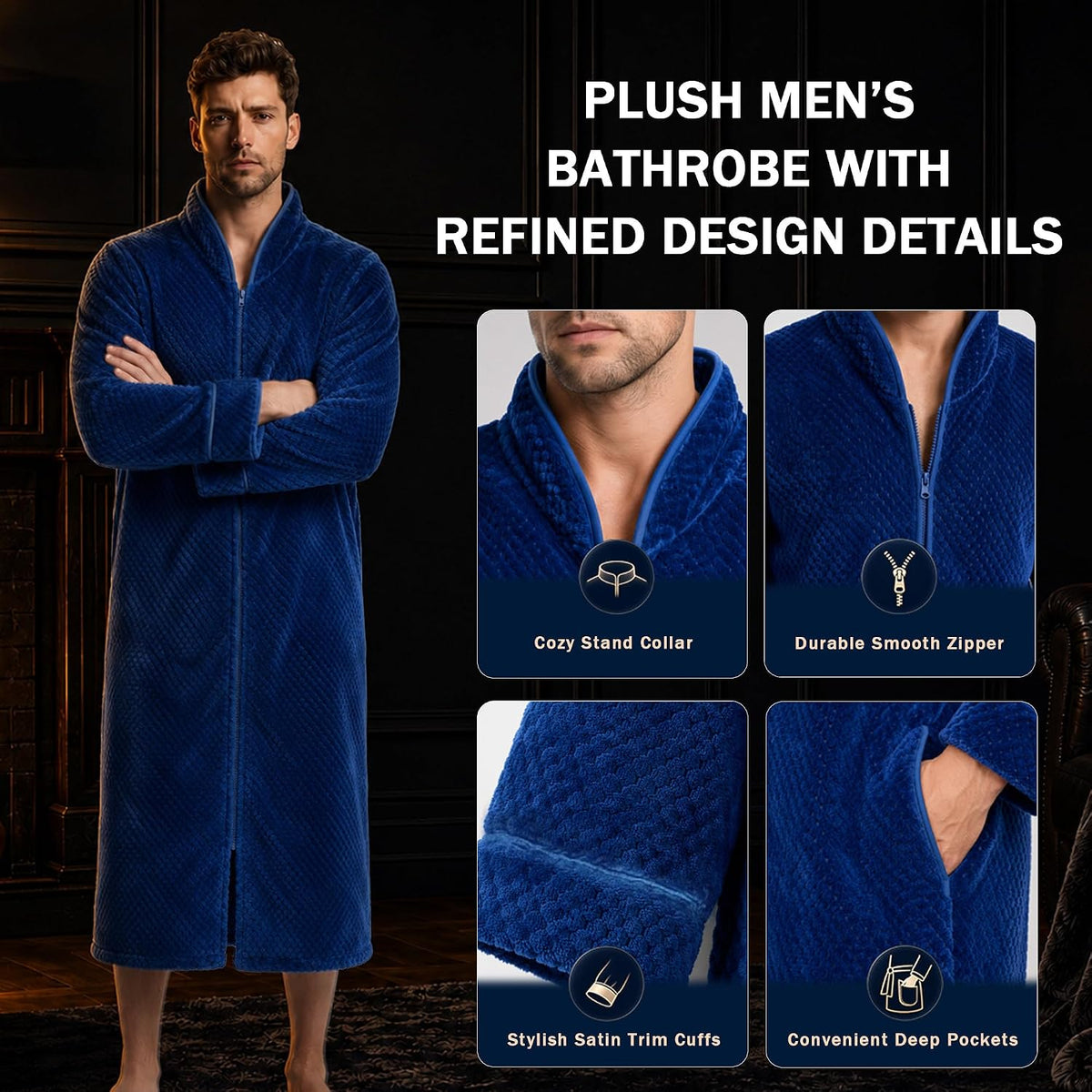 U2SKIIN Men's Fleece Zippered Bathrobe, Soft Plush Robe