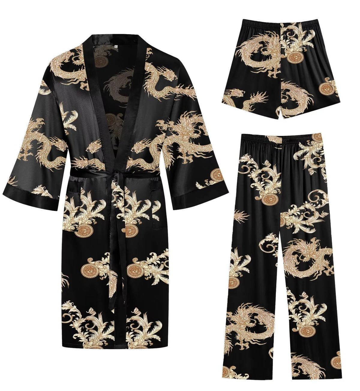 SWOMOG 3Pcs Men's Satin Robe Silk Satin Kimono Bathrobe with Shorts&Pants Set Soft Lightweight Nightwear