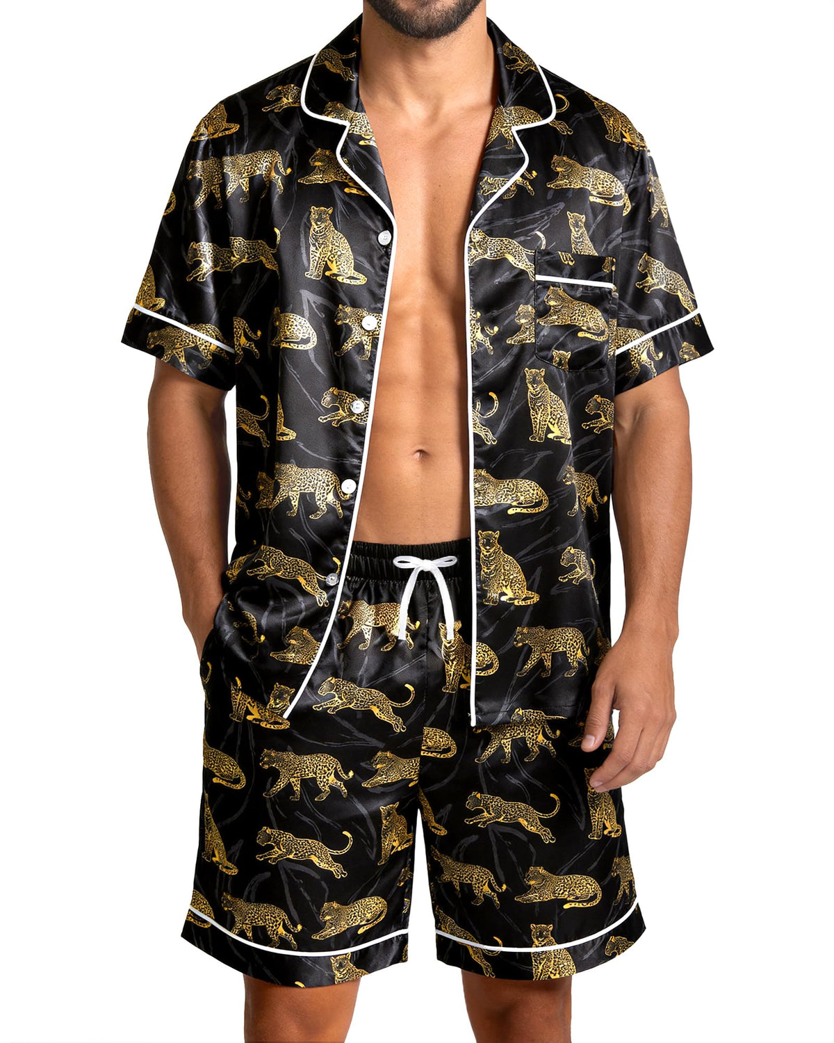 Mens Satin Silky Pajamas Set Short Sleeve Button Down Sleepwear Pjs Summer 2 PCS Loungewear with Pockets M-2XL