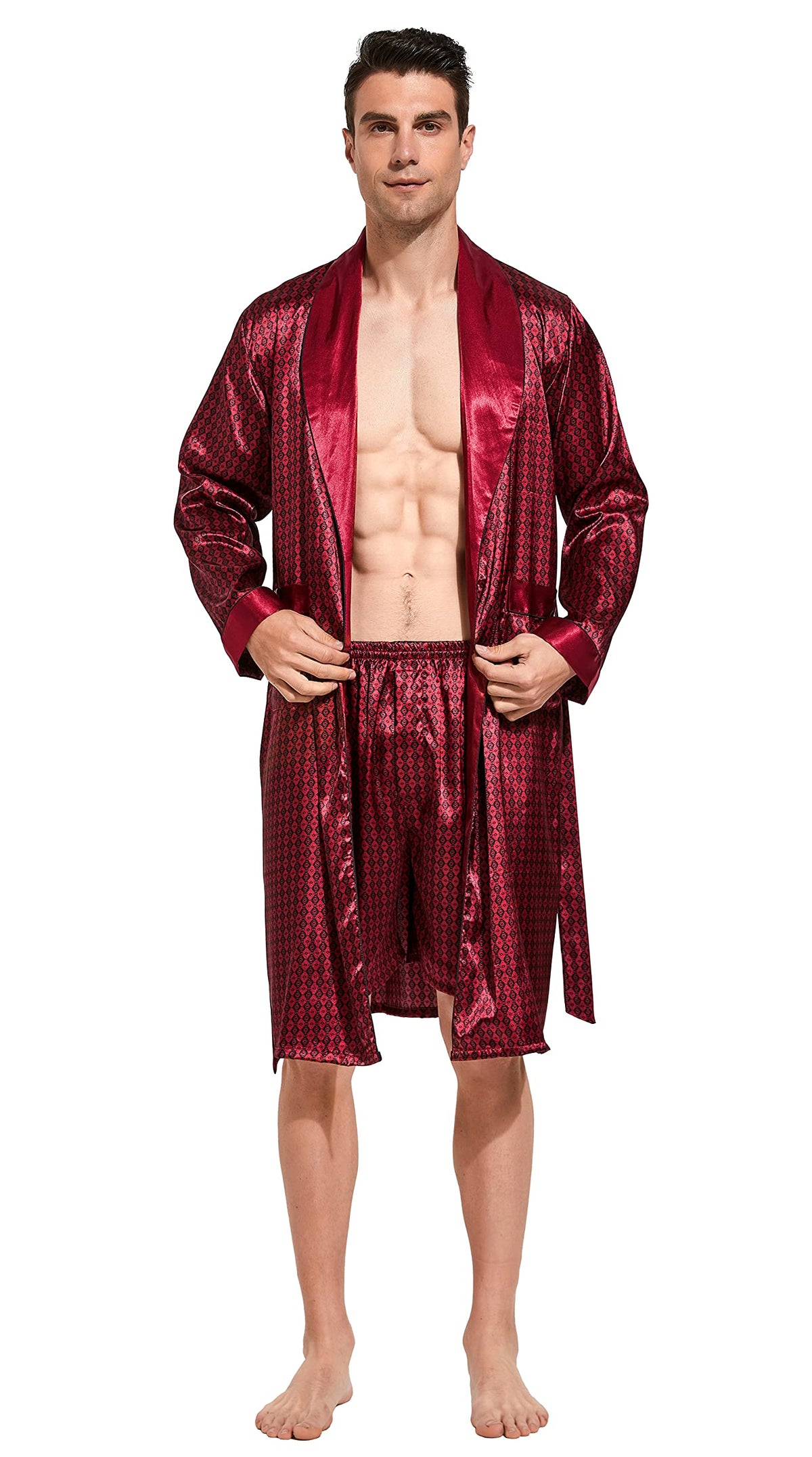 Mens Satin Robe Long Sleeve Silk Kimono Bathrobe with Shorts Set Sleepwear