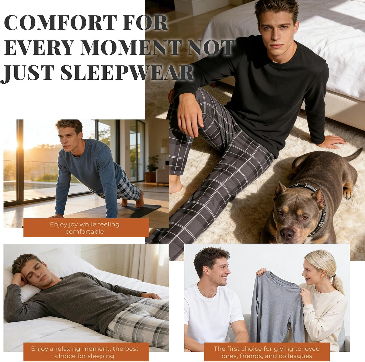 Vulcanodon Mens Pajama Set Soft Cozy Long Sleeve Crewneck Sleepwear Plaid Pants with Pockets Casual Loungewear for Men