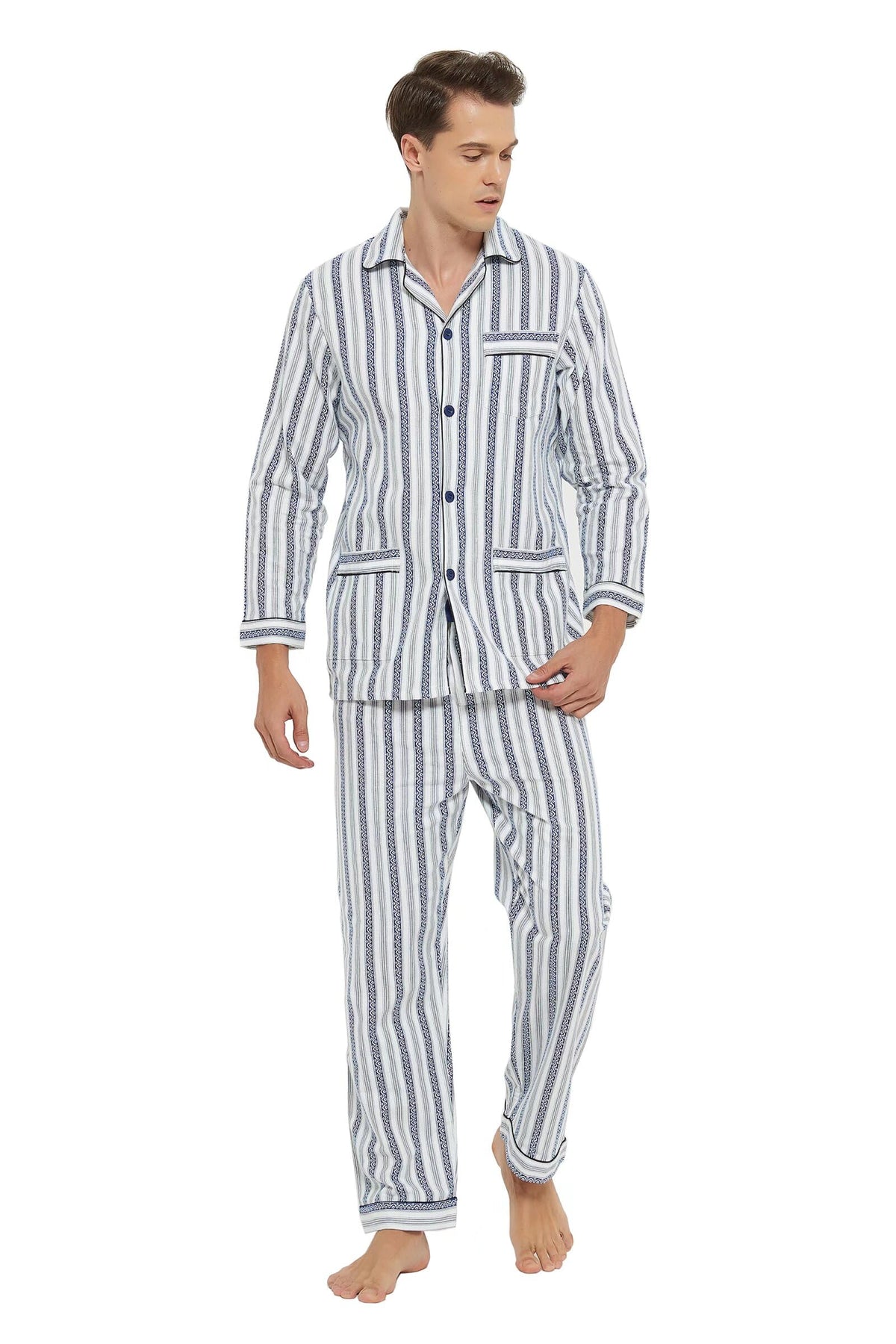 GLOBAL Men's Pajamas Sets 100% Cotton Flannel Sleepwear Long-Sleeve top & Bottom