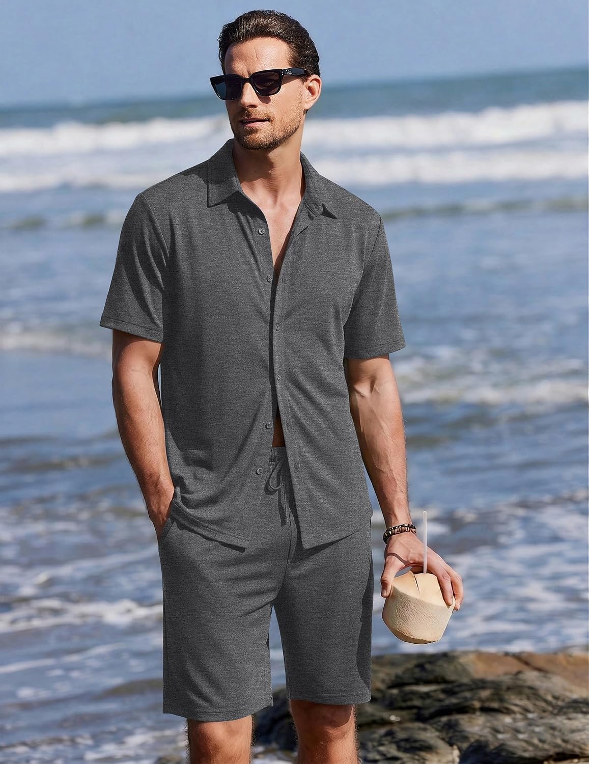 Ekouaer Men's Pajama Sets Button Down Summer Pjs Hawaiian Lounge Set XS-XXL