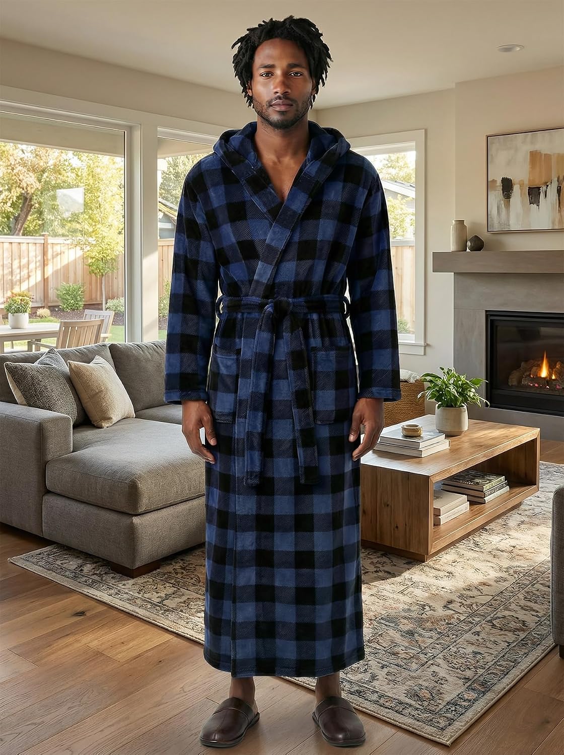 Men's Plush Fleece Hooded Robe with Pockets, Long Bathrobe