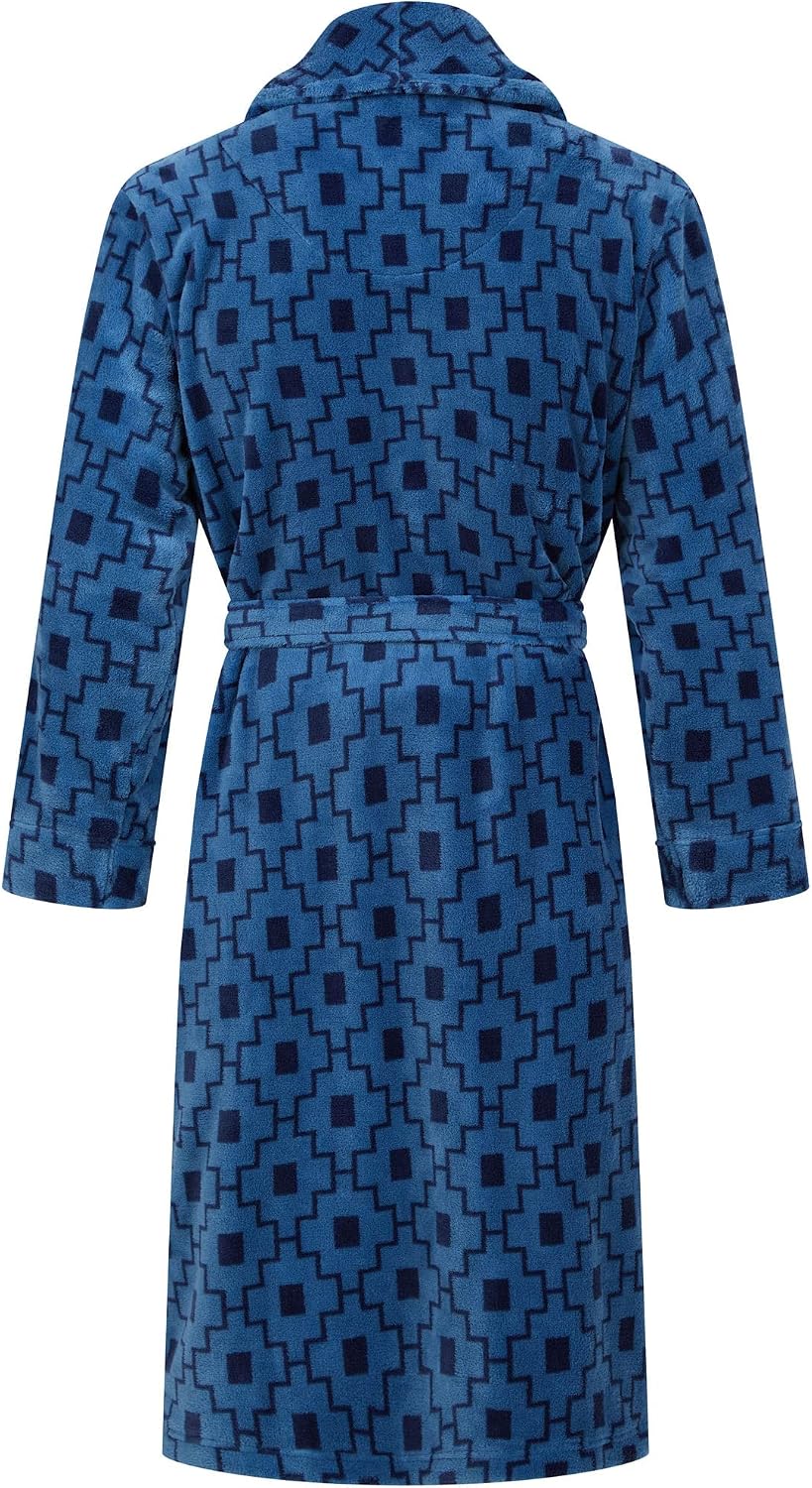 John Christian Men's Fleece Robe, Blue Geometric Pattern
