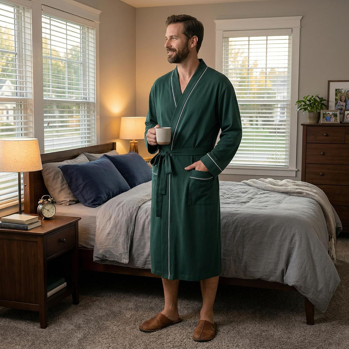 Vulcanodon Mens Organic Cotton Robe, Soft Kimono Bathrobe with Pockets