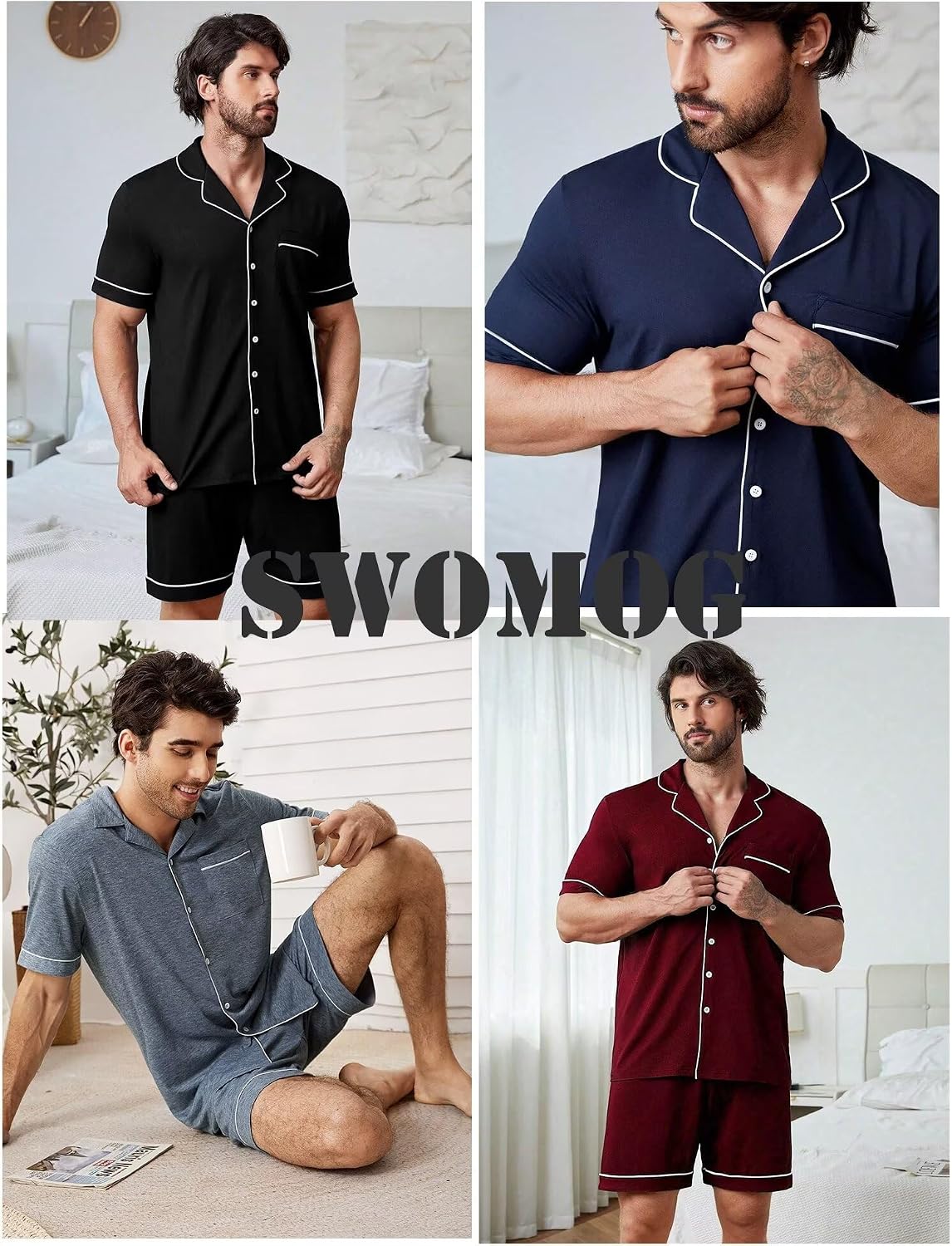 SWOMOG Mens Pajama Set Short Sleeve 2 PCS Sleepwear Button Down Soft Loungewear Modal Set Pj Set with Pockets S-3XL