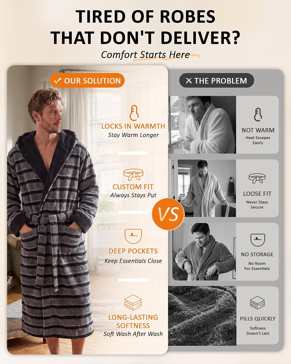 Vulcanodon Men Robe Hooded Striped Bathrobe Soft Plush Spa Robe Pockets