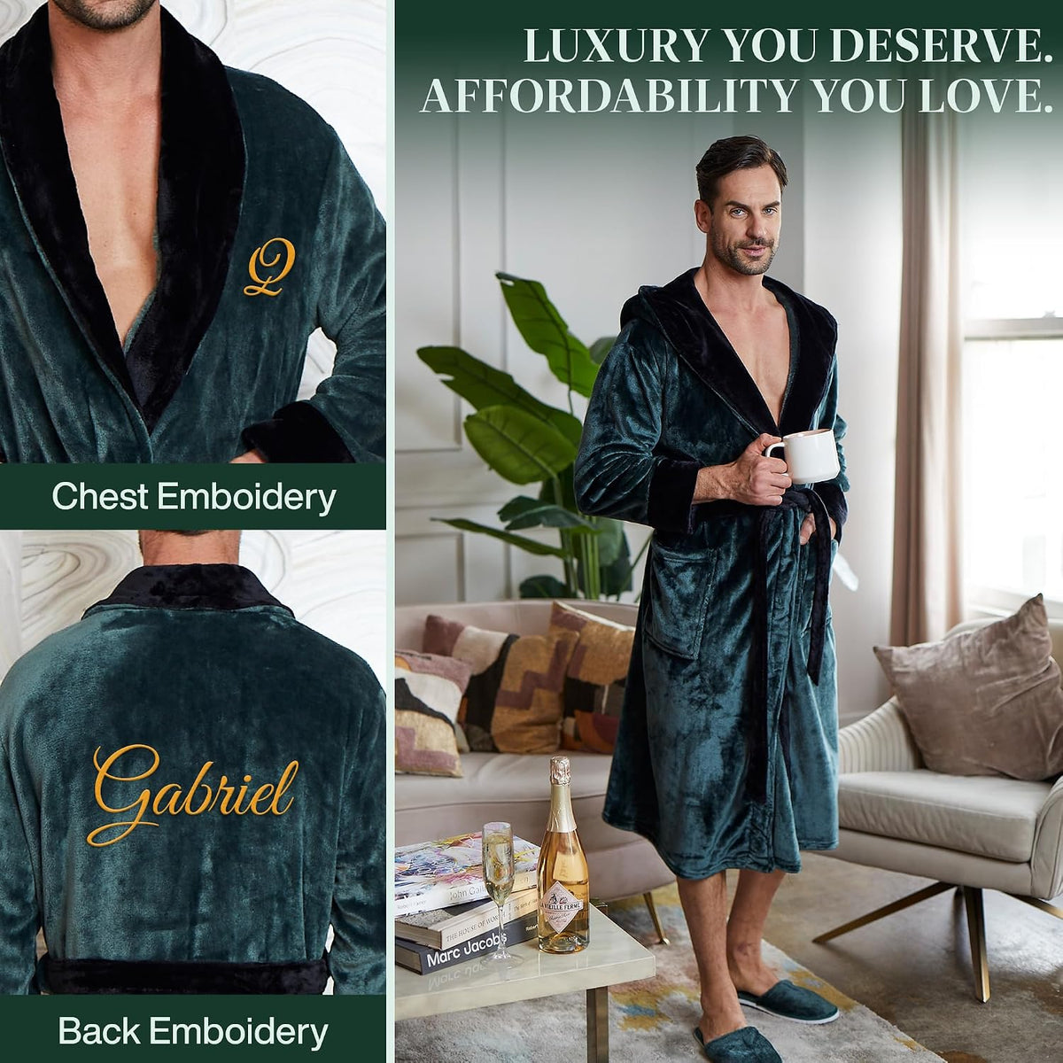 Lotus Linen Personalized Men's Plush Robe - Luxury Hooded Fleece Bathrobe with Custom Embroidery